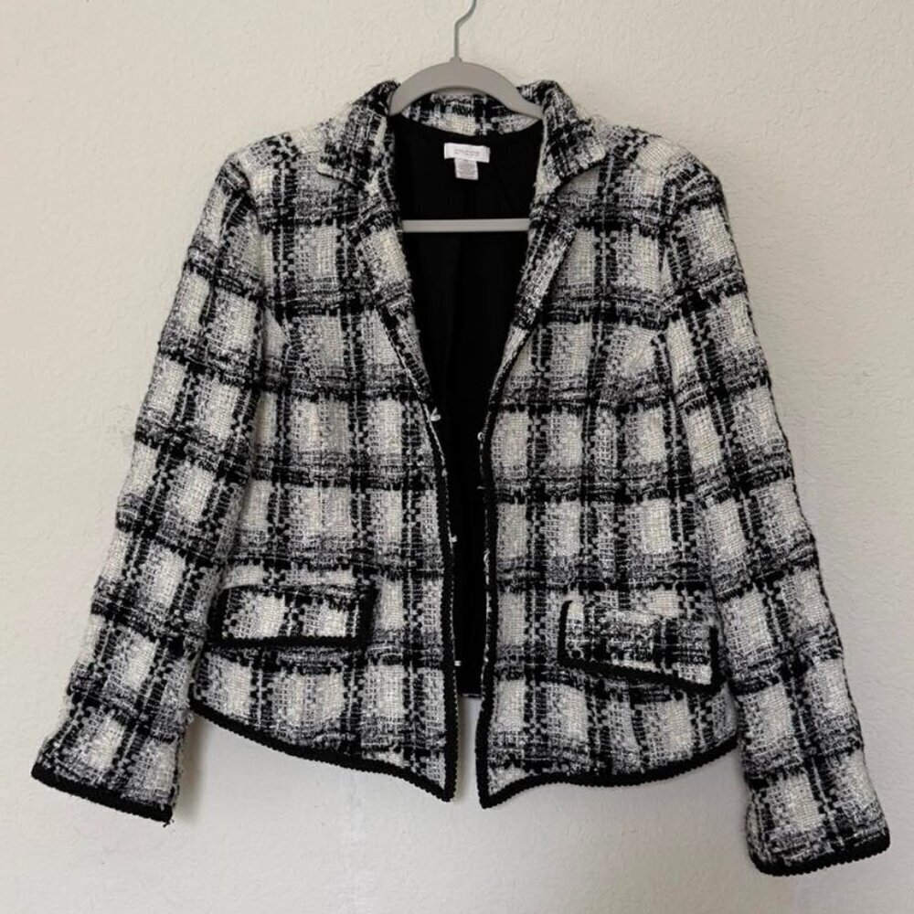 Women's Chico's Size 2 Black White Wool Blend Hook Buttons Blazer Jacke